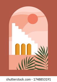 Abstract contemporary aesthetic background with desert landscape, stairs, palm, vases, Sun. Earth tones, burnt orange, terracotta colors. Boho wall decor. Mid century modern minimalist art print. 