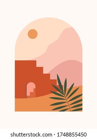 Abstract contemporary aesthetic background with desert landscape, stairs, palm, mountains, Sun. Earth tones, burnt orange, terracotta colors. Boho wall decor. Mid century modern minimalist art print. 