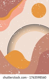Abstract contemporary aesthetic background with desert, mountains, Sun. Earth tones, burnt orange, terracotta colors. Boho wall decor. Mid century modern minimalist art print. Organic shape Vector