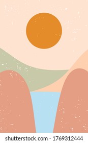 Abstract contemporary aesthetic background with desert, mountains, Sun. Earth tones, burnt orange, terracotta colors. Boho wall decor. Mid century modern minimalist art print. Organic shape Vector