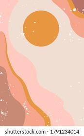 Abstract contemporary aesthetic background with desert, mountains, Sun. Earth tones, burnt orange, terracotta colors. Boho wall decor. Mid century modern minimalist art print. Organic shape Vector