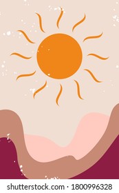 Abstract contemporary aesthetic background with desert, mountains, Sun. Earth tones, burnt orange, terracotta colors. Boho wall decor. Mid century modern minimalist art print. Organic shape Vector