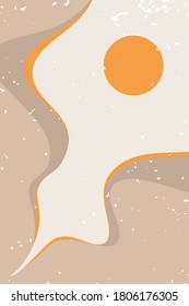 Abstract contemporary aesthetic background with desert, mountains, Sun. Earth tones, burnt orange, terracotta colors. Boho wall decor. Mid century modern minimalist art print. Organic shape Vector