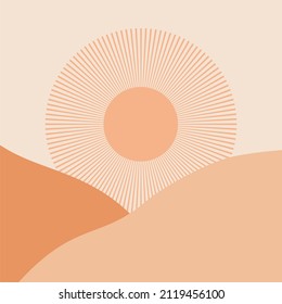 Abstract contemporary aesthetic background with desert, mountains, Sun. Earth tones, burnt orange, terracotta colors. Boho wall decor. landscapes set with sunrise, sunset. Earth tones, pastel colors.