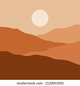 Abstract contemporary aesthetic background with desert, mountains, Sun. Earth tones, burnt orange, terracotta colors. Boho wall decor. landscapes set with sunrise, sunset. Earth tones, pastel colors.