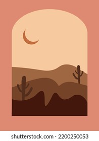 Abstract contemporary aesthetic background with desert landscape. Earth tones, burnt orange, terracotta colors. Boho wall decor. 