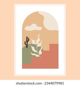 Abstract contemporary aesthetic background with desert landscape,vases,Sun. 
Earth tones, burnt orange, terracotta colors. 
Boho wall decor. 
Mid century modern minimalist art print.
Hand drawn vector