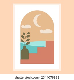 Abstract contemporary aesthetic background with desert landscape,vases,Sun. 
Earth tones, burnt orange, terracotta colors. 
Boho wall decor. 
Mid century modern minimalist art print.
Hand drawn vector