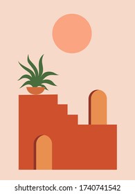 Abstract contemporary aesthetic background with geometric architecture shapes. Desert landscape, Sun, stairs, plant. Boho wall decor. Mid century modern art print. Minimalistic shapes. Flat design.