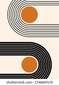 Abstract contemporary aesthetic background with geometric balance shapes, two rainbow and sun circles. Boho wall decor. Mid century modern minimalist print. Neutral Geometric art. Organic shape.