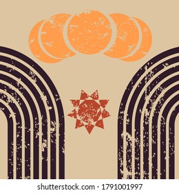 Abstract contemporary aesthetic background with geometric shapes, two rainbows, sun and moon phases. Boho wall decor. Mid century modern minimalist art print. Organic shape.Vector illustration