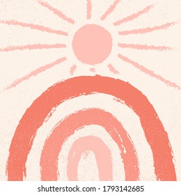 Abstract contemporary aesthetic background with geometric balance shapes, rainbow and Sun. Boho wall decor. Mid century modern minimalist art print. Organic shape. Terracotta brown color, earth tone.