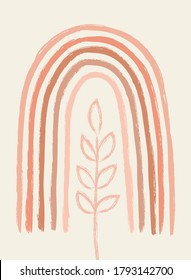 Abstract contemporary aesthetic background with geometric balance shapes, rainbow and plant. Boho wall decor. Mid century modern minimalist art print. Organic shape. Terracotta color, earth tone