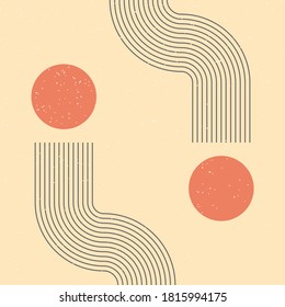 Abstract contemporary aesthetic background with geometric lines and sun in pastel colors. Vector