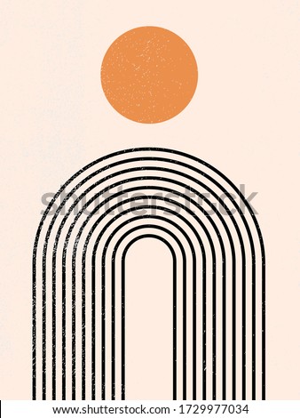 Abstract contemporary aesthetic background with geometric balance shapes, rainbow and sun. Boho wall decor. Mid century modern minimalist art print. Organic shape.