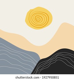 Abstract contemporary aesthetic background with hills, mountains and sun Vector wall art in scandinavian minimalistic style.