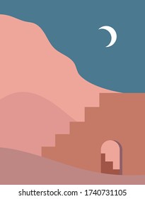 Abstract contemporary aesthetic background with landscape, desert, stairs, mountains, Moon. Earth tones, terracotta colors. Boho wall decor. Mid century modern minimalist art print. Organic shapes