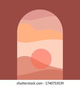 Abstract contemporary aesthetic background with landscape, desert, mountains, Sun. Earth tones, burnt orange, terracotta colors. Boho wall decor. Mid century modern minimalist art print. Organic shape