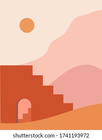 Abstract contemporary aesthetic background with landscape, desert, stairs, mountains, Sun. Earth tones, burnt orange, terracotta colors. Boho wall decor. Mid century modern minimalist art print. 