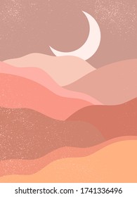 Abstract contemporary aesthetic background with landscape, desert, mountain, Moon. Earth tones, burnt orange, terracotta colors. Boho wall decor. Mid century modern minimalist art print. Organic shape