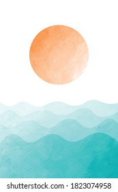 Abstract contemporary aesthetic background with landscape, Sea, Waves, Sun. wall decor. Mid century modern minimalist art print. Vector, Illustration.