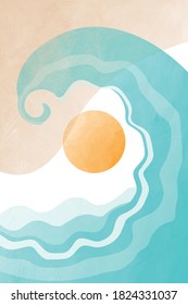 Abstract contemporary aesthetic background with landscape, Sea, Waves and Sun. wall decor. Mid century modern minimalist art print. Vector, Illustration.