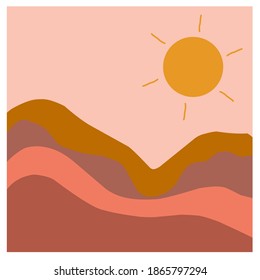 Abstract contemporary aesthetic background with landscape, desert, mountains, sun. Earth color, burnt orange, terracotta color. Boho wall decor. Modern minimalist print art of the century