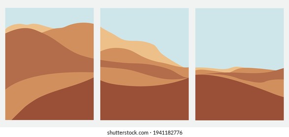 Abstract contemporary aesthetic background with landscape set, desert, mountain. Earth tones, burnt orange, terracotta colors. Boho wall decor. Mid century modern minimalist art print. Organic shape