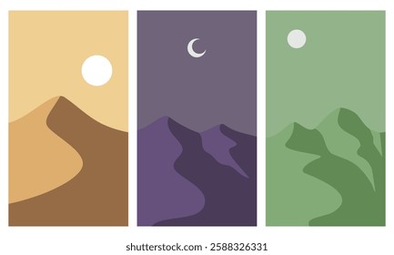 abstract contemporary aesthetic background landscape set with daylight along with sun, night. earth tones, pastel colors. boho wall decor. mid century modern minimalist art print flat design