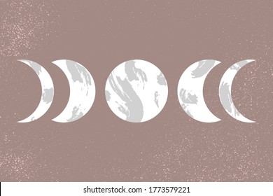 Resumen del fondo estético contemporáneo con fases de la luna. Impresión moderna de arte minimalista de mediados de siglo. La decoración de las paredes neutras. Colores beige pastel. Formas naturales orgánicas. Concepto mágico. 