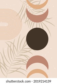 Abstract contemporary aesthetic background with Moon phases and palm leaves. Earth tones, terracotta colors. Boho wall decor. Mid century modern minimalist art print. Vector illustration.