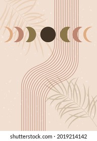 Abstract contemporary aesthetic background with Moon phases and lines. Earth tones, terracotta colors. Boho wall decor. Mid century modern minimalist art print. Vector illustration.