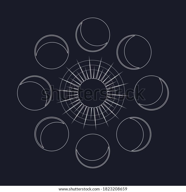 Abstract contemporary aesthetic background\
with Moon phases, with the sun. Boho wall decor. Modern minimalist\
art print. Organic natural shape. Magic concept. Outline, line,\
icon. black\
background.