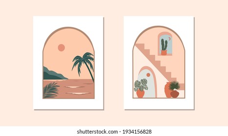 Abstract contemporary aesthetic background with ocean view and exotic landscape. Bohemian style wall decor in Earth tones, burnt orange, terracotta colors.