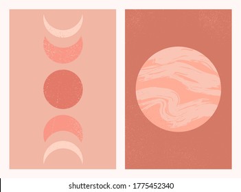 Abstract contemporary aesthetic background set and Moon phases   planet  Mid century modern minimalist art print  Boho neutral wall decor  Terracotta colors  Organic natural shapes  Magic concept  