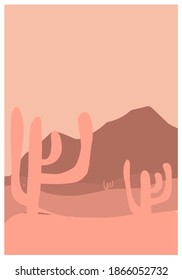Abstract contemporary aesthetic background set, southwestern desert mountain landscape with cactuses. Earth tones, terracotta colors. Boho wall decor. Mid century modern minimalist art print.