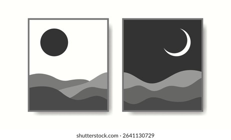Abstract contemporary aesthetic background set. Boho landscape wall decor. Day and night artwork. Printable frame. Sun moon sky mountains vector. Minimal aesthetics. Mid century flat design.
