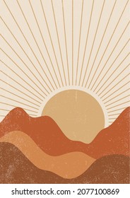 Abstract contemporary aesthetic background with sunset landscape. Earth tones, burnt orange, terracotta colors. Boho wall decor. Mid century modern minimalist art print.
