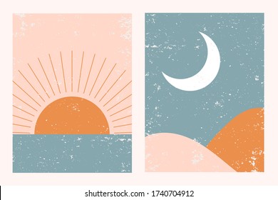Abstract contemporary aesthetic backgrounds landscapes set with Sun, Moon, sea, mountains. Earth tones, pastel colors. Boho wall decor. Mid century modern minimalist art print. Flat abstract design.