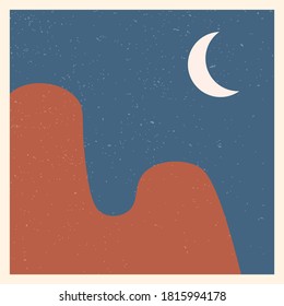 Abstract Contemporary Aesthetic Backgrounds Landscapes In Night With Moon And Mountains. Vector