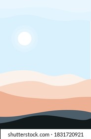 Abstract contemporary aesthetic backgrounds landscapes set with sunrise, sunset, night. Earth tones, pastel colors,Boho wall decor. Mid century modern minimalist art print. Flat design.