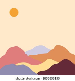 Abstract contemporary aesthetic backgrounds landscapes set with sunrise, sunset, night. Earth tones, pastel colors. Boho wall decor. Mid century modern minimalist art print. Flat design.