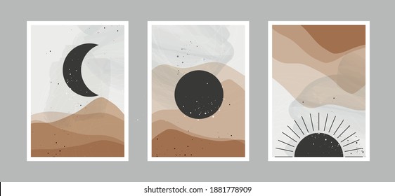 Abstract contemporary aesthetic backgrounds landscapes set with sunrise, sunset, night. Mid century modern minimalist art print. Vector  illustrations design.