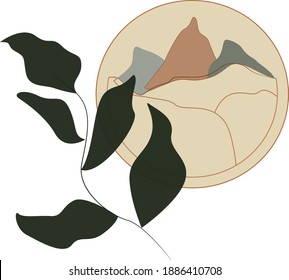 
Abstract contemporary aesthetic backgrounds landscapes. Plant, green leaves. Earth tones, pastel colors. Boho wall decor. Mid century modern minimalist art print. Flat design