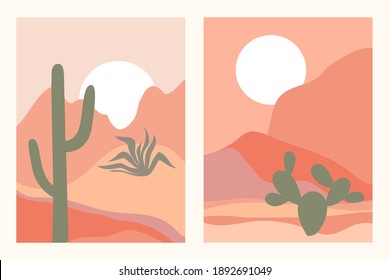 Abstract contemporary aesthetic backgrounds landscapes set with desert, cactuses, sunrise, sunset. Earth tones, pastel colors. Boho wall decor. Mid century modern minimalist art print. Flat design.