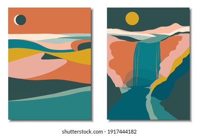 Abstract contemporary aesthetic backgrounds landscapes set with desert, sand dunes, mountains, moon, waterfall, rocks, river, sun. Flat abstract design. vector background