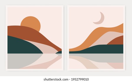 Abstract contemporary aesthetic backgrounds landscapes set with sunrise, sunset. Earth tones, pastel colors. Boho wall decor. Mid century modern minimalist art print. Flat design.