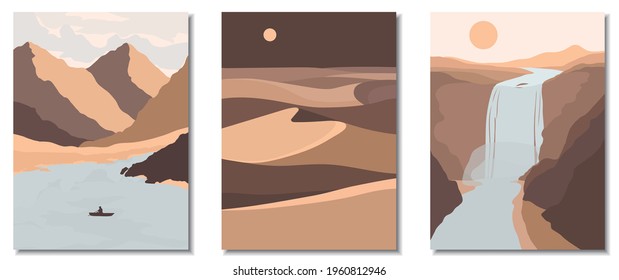 Abstract contemporary aesthetic backgrounds landscapes set with mountains, river, lake, desert, sand dunes, waterfall. Vector illustration