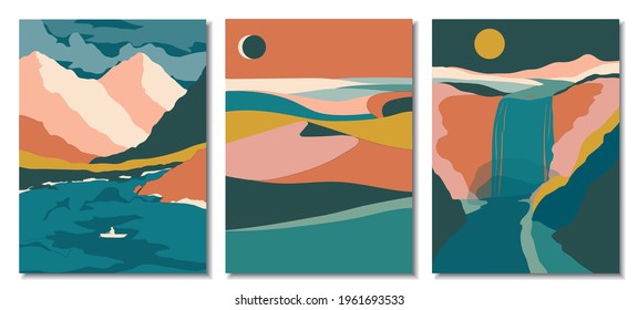 Abstract contemporary aesthetic backgrounds landscapes set with desert, sand dunes, mountains, lake, hills, moon, waterfall, rocks, river, sun, africa. Flat abstract design. vector background.