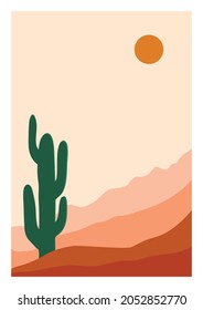 Abstract contemporary aesthetic backgrounds landscapes set with desert, cactuses, sunrise, sunset. Earth tones, pastel colors. Boho wall decor. Mid century modern minimalist art print. Flat design. ve